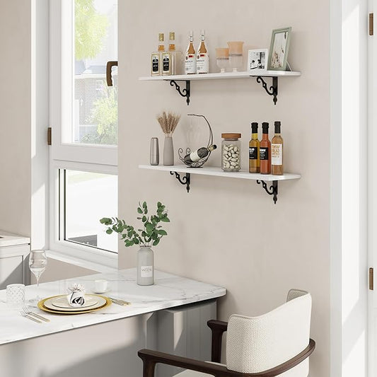 RICHFOCUS Floating Shelves for Wall Decor, 35.4W x 8D Shelves Set of 2, 8 Inch Deep Rustic Wood Shelves Wall Mounted with Brackets, Long Floating Shelves for Living Room Bedroom Kitchen, White