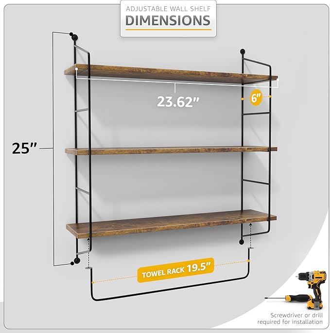 Sorbus 3-Tier Floating Bathroom Shelves for Wall - Wood Wall Storage for Towels, Over The Toilet Storage Cabinet, Gaming Floating Shelves, Bathroom Accessories, and Home Decor (Brown)