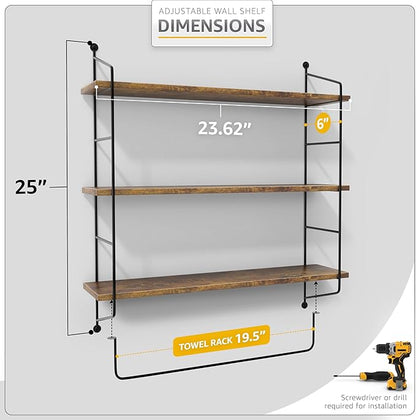Sorbus 3-Tier Floating Bathroom Shelves for Wall - Wood Wall Storage for Towels, Over The Toilet Storage Cabinet, Gaming Floating Shelves, Bathroom Accessories, and Home Decor (Brown)