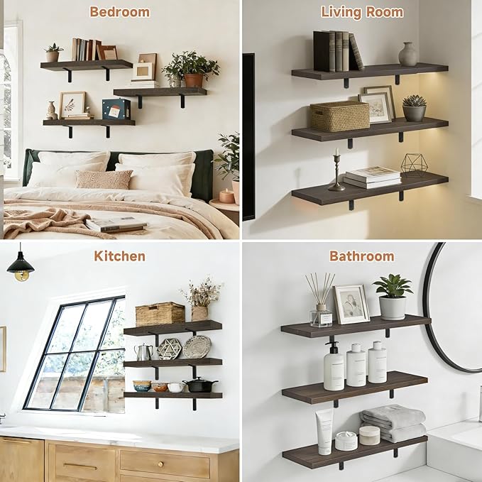 LifetimeWarranty Wall Shelves With Brackets, NOT Floating Easy Install 15.7Inch Solid Wood Shelf 3PCS,Picture Ledge Display Shelf for Living Room Bedroom Kitchen,House Decor Shelf for Book Plant Frame