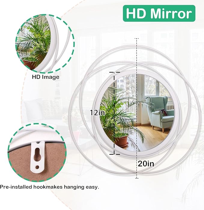 White Round Wall-Mounted Mirrors Wire Modern Metal Frame Arts Mirrors Home Decoration Hallway Bathroom Bedroom Living Room Farmhouse Entryway Large 20