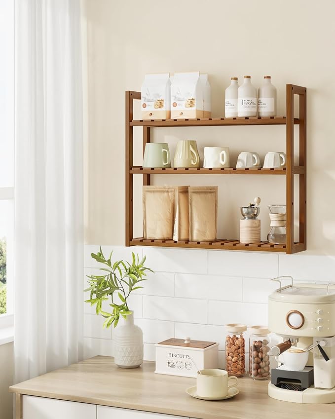 SONGMICS Bamboo Bathroom Shelf, 3-Tier Adjustable Plants Rack, Wall-Mounted or Stand, in The Living Room, Balcony, Kitchen, 5.9 x 23.6 x 21.3 Inches, Coffee Brown UBCB013K01