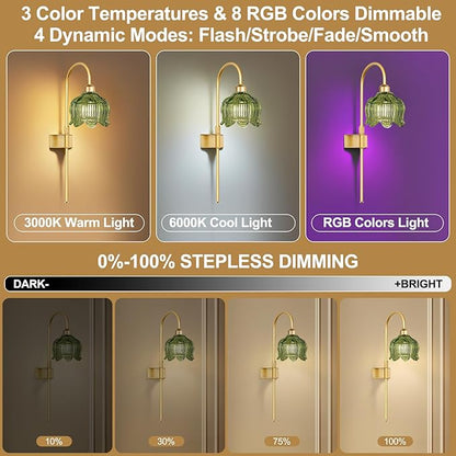Glass Battery Operated Wall Sconces Set of Two,Wireless Flower Battery Wall Light with 5000mAh RGB Dimmable Bulb and Remote, Rechargeable Wall Lamp Sconce for Bedroom Living Room Hallway