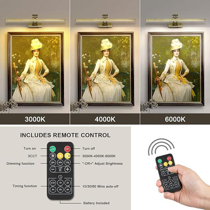 5W LED Wireless Picture Lights with Remote and Timer 23.6'' Inch Rechargeable Antique Bronze Gallery Lighting Battery Operated Art Lights Over Frame Portrait