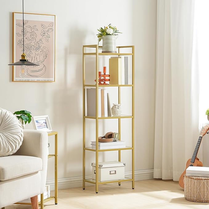 HOOBRO 5-Tier Gold Shelf, Narrow Book Shelf, Display Cabinet with Glass Bookcase, Corner Shelf Storage for Small Spaces, for Home Office, Living Room, Bedroom, Gold GD45SJ01