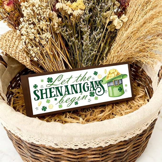 Irish Decor, Let the Shenanigans Begin Sign, Shamrock Decor Art, Green Hat Decors, St Patricks Day Decoration for Home Kitchen Shelf, Coffee Bar Decors, 9.5x3.1x1 inches