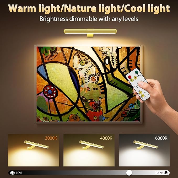 TINTINDOC 22'' Picture Light Gold for Painting with 3 Lighting,Rechargeable Wall Art Light for Painting Brightness Dimmable,Battery Display Accent Light for Picture Gallery Poster Frame Dartboard