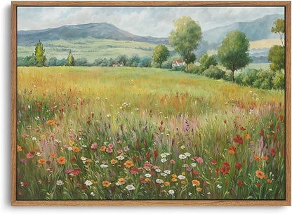 OIQArtOIQ Vintage Landscape Framed Wall Art Spring Countryside Colorful Wildflower Field Canvas Art Prints Farmhouse Cottagecore Pictures Wall Decor Rustic Meadow Paintings Artwork For Kitchen Bedroom