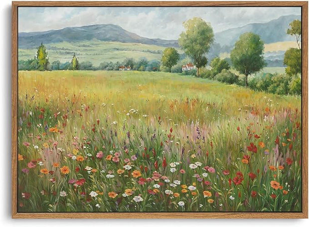 OIQArtOIQ Vintage Landscape Framed Wall Art Spring Countryside Colorful Wildflower Field Canvas Art Prints Farmhouse Cottagecore Pictures Wall Decor Rustic Meadow Paintings Artwork For Kitchen Bedroom