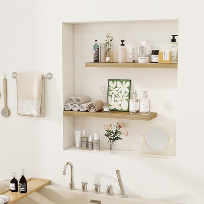 Fun Memories Floating Shelves for Wall, 24" Rustic Wood Deep Wall Mounted Shelves with Invisible Brackets for Decor & Storage, Floating Shelf for Living Room, Bathroom (Oak, Set of 2)