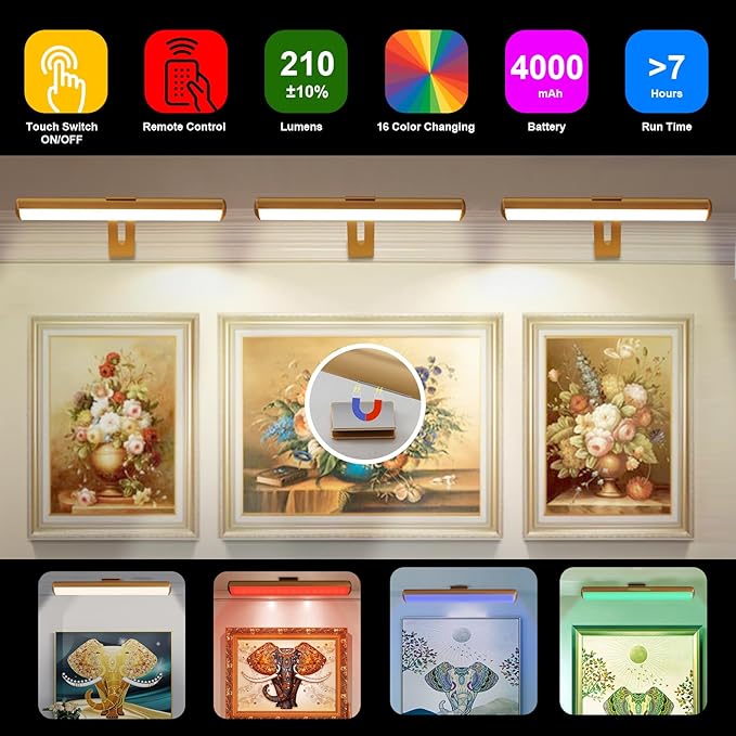 Picture Light, Battery Operated Picture Light with Remote, Rechargeable Picture Frame Light, 32 LED, 16 Color Changing, Art Light for Paintings for Display, Picture-Gold