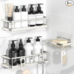 YASONIC Shower Caddy Adhesive, No Drill Bathroom Organizers, Rust Proof Shower Shelves, Wall-Mounted Shower Holder, Silver, 3 Pack