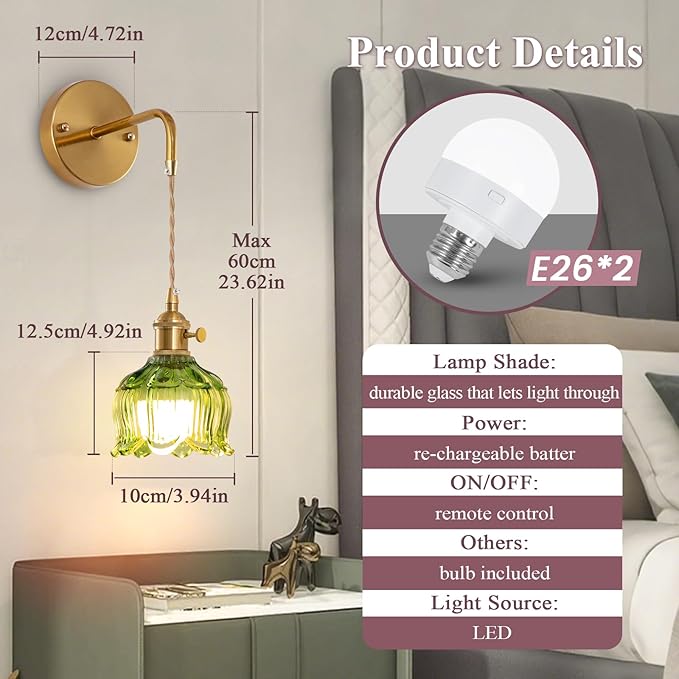 Vintage Battery Operated Wall Light with Remote, RGB Dimmable LED Wall Light Set of 2, Rechargeable Battery Powered Wall Lights with 15 Colors for Bedroom, Living Room, Home Decor
