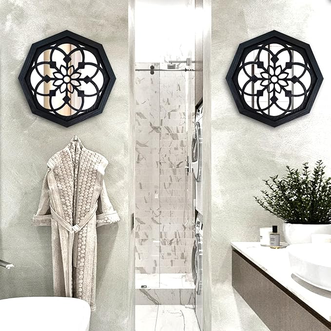 2-Piece Octagon Wall-Mounted Mirrors,Vintage Farmhouse Mirror for Wall Decor,Black Decorative Accent Mirror for Foyer, Bathroom, Bedroom. (12”x12”)
