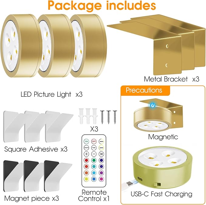 13 RGB Color Changing Led Art Display Light for Picture Frame,Rechargeable Battery Operated Led Painting Light with Remote Control Dimmable & Timer,3Pack Gold