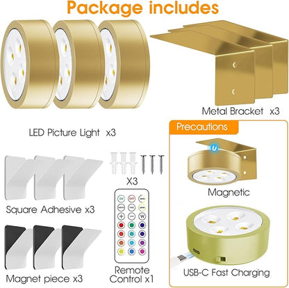 13 RGB Color Changing Led Art Display Light for Picture Frame,Rechargeable Battery Operated Led Painting Light with Remote Control Dimmable & Timer,3Pack Gold