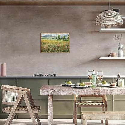 OIQArtOIQ Vintage Landscape Framed Wall Art Spring Countryside Colorful Wildflower Field Canvas Art Prints Farmhouse Cottagecore Pictures Wall Decor Rustic Meadow Paintings Artwork For Kitchen Bedroom