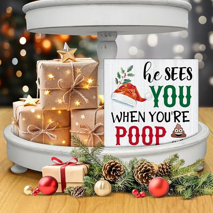 Funny Christmas Decor, Farmhouse Christmas Decorations, Gag Gifts for Women Men, He Sees You When You're Pooping Wooden Sign Rustic Home Bathroom Decor 5 x 5 Inches