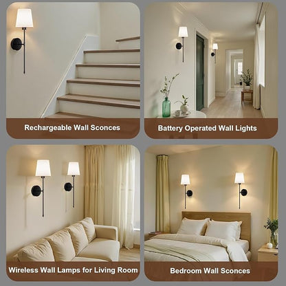 Wall Sconces Battery Operated Set of 2, Rechargeable Wall Sconce, 10 Colors Wireless Wall Sconces Set of Two, 5200mAh Dimmable Bulbs and Remote, for Bedroom Living Room, Hallway Decor (Black- 24 inch)