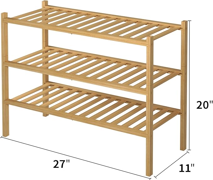 3 Tier Bamboo Shoe Rack for Closet Free Standing Wood Shoe Shelf Storage Organizer for Entryway Small Space Stackable 27