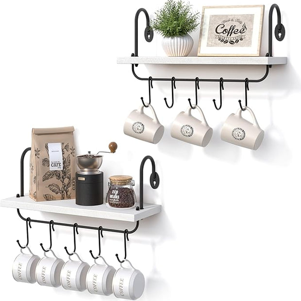 Olakee Floating Wall Shelves for Kitchen Bathroom Coffee Nook with 10 Adjustable Hooks for Mugs Cooking Utensils or Towel Rustic Storage Shelves Set of 2/17x5.9 inch (White)