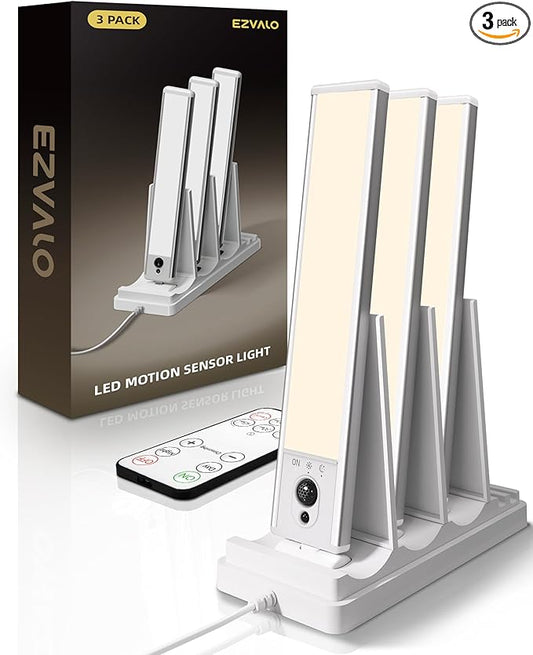 EZVALO Under Cabinet Lighting with Charging Station, Rechargeable Motion Sensor Light Indoor, Dimmable Closet Lights Wireless, 3000K, Motion Activated Under Counter Lights for Kitchen,Pantry(3 Pcs)