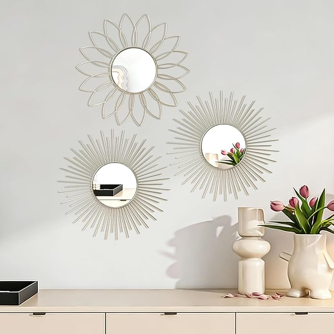 3 Pack Metal Mirrors for Wall Sunburst Wall Mirrors Home Décor Decorative Hanging Wall Art for Living Room Bedroom Entryway (Silver2, Flower+Sunburst)