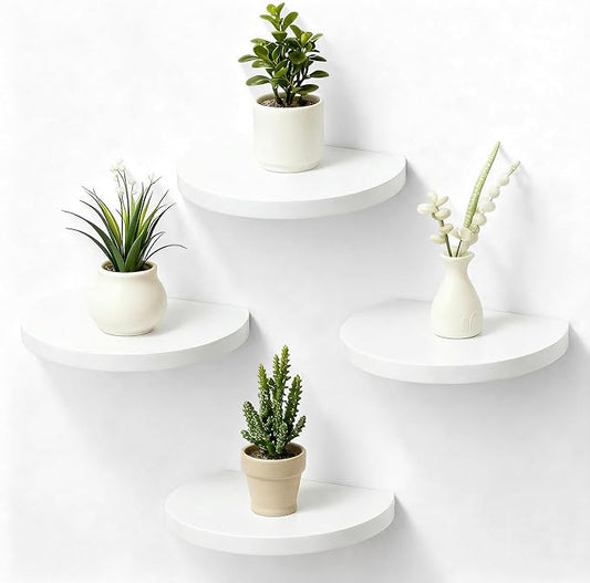 Small Wood Floating Shelves (4-Pack, 8-inch Diameter) - Round Sturdy Invisible Wall Mount Display for Small Plants,Toys,Bathroom,Living Room Storage & Modern Rustic Décor (White)