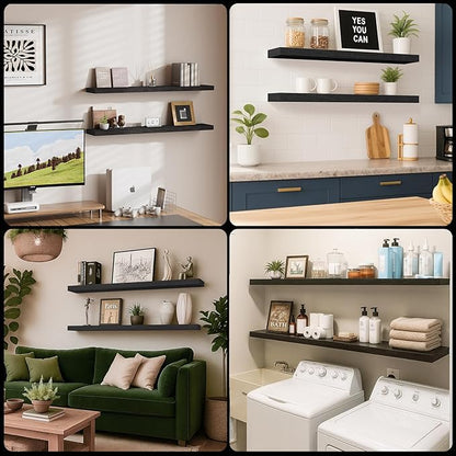 Floating Shelves for Wall, Bathroom Shelves Over Toilet, Wall Shelves & Book Shelf for Room, Hanging Shelf, Modern Wooden Mounted Floating Shelves, 36x7x1.5 in (Black, Set of 2)