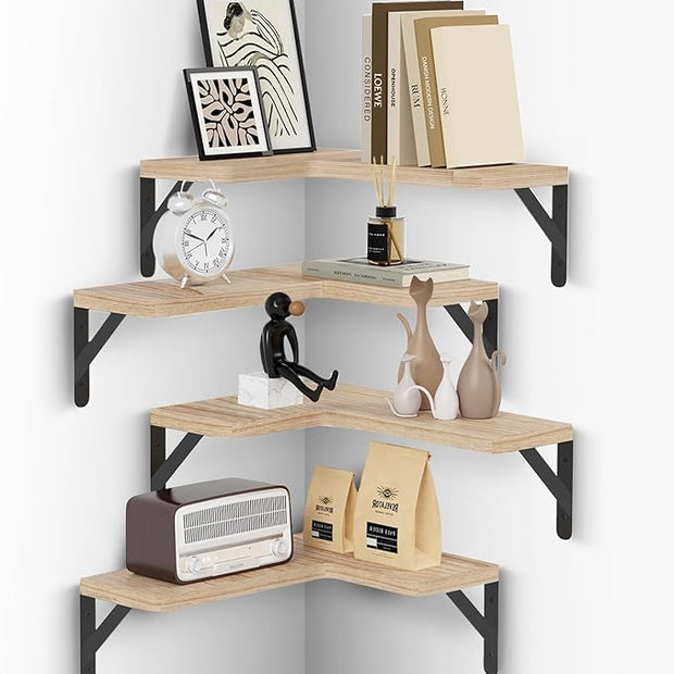 Muzilife Corner Floating Shelves Wooden Floating Shelves Set of 4, Wall Mounted for Storage, L-Shaped Wall Decor Organizer for Bedroom, Bathroom, Kitchen, Living Room and Office, Natural Wood