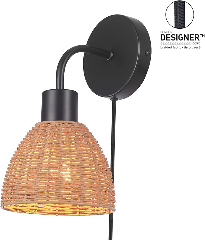 Globe Electric 65933 1-Light Plug-in or Hardwire Wall Sconce, Matte Black, Rattan Shade, 6ft Black Braided Fabric Designer Cord, in-Line On/Off Rocker Switch