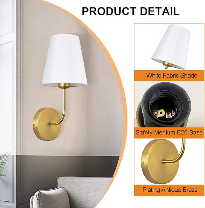 Antique Brass Hardwired Wall Sconce Set of 2 - Gold Finish with White Fabric Shades，Bedroom Lighting, Living Room, Farmhouse, Fireplace, Hallway, Bedside Lamp,Bathroom Wall Lights