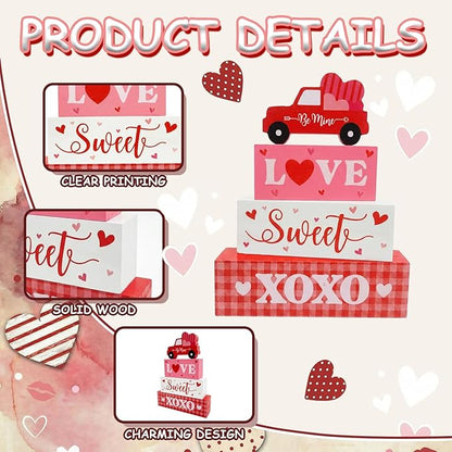 Valentine’s Day Decorations, 4 Pcs Wooden Valentine’s Day Table Decorations, Red Truck Tiered Tray Decor, Wooden Table Sign for Desk Shelf Mantel Centerpiece, Indoor Home Decor