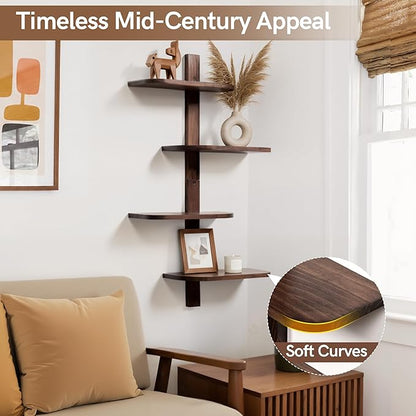 Afuly Mid Century Modern Decor Floating Shelves Walnut Display Shelf Wall Unit Solid Wood Decorative Shelving Home Decor Living Room Bedroom Coffee Bar Bathroom Plant Photo Set of 4