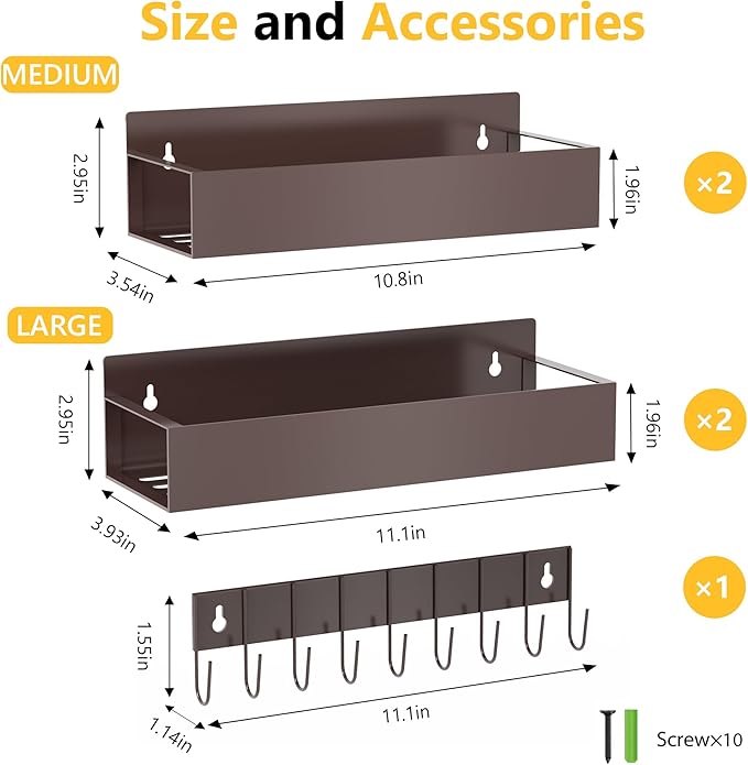 Magnetic Spice Rack Organizer for Fridge Seasoning Organizer for Kitchen storage with Screw Magnetic Shelf with Hook for Refrigerator and Oven (4pack1hook-Bronze)