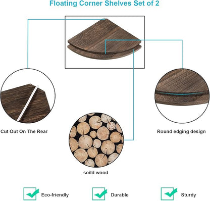 10 inch Corner Wall Shelf, Set of 2 Solid Wood Corner Floating Shelves for Wall, Round End Wall Mounted Floating Corner Shelf for Bedroom, Living Room and Kitchen (Brown-10 inch)