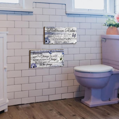 Jetec 2 Pieces Funny Bathroom Signs Bathroom Wall Decor Toilet Wall Accessories Farmhouse Toilet Rustic Wooden Signs, 12x6 Inch(Purple Daisy Style)