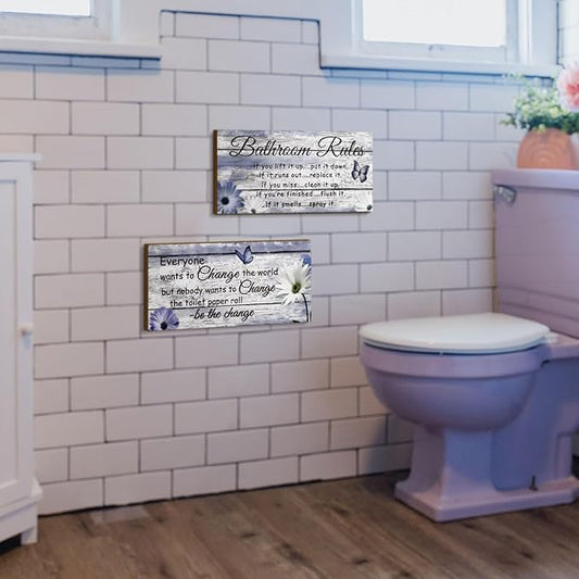 Jetec 2 Pieces Funny Bathroom Signs Bathroom Wall Decor Toilet Wall Accessories Farmhouse Toilet Rustic Wooden Signs, 12x6 Inch(Purple Daisy Style)