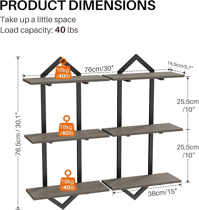 3 Tier Floating Shelves, Set of 2 Wall Shelves for Living Room, Modern Geometric Wooden Shelf for Wall Decor, Hanging Storage Shelf for Bedroom Bathroom Kitchen Home Office (Greige + Black)