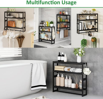 RRX Bathroom Shelf Storage Organizer, Bathroom Shelf 3-Tier Adjustable Layer Bamboo Organizer with Bar, Hanging, Freestanding Over Toilet Utility Shelves, Black