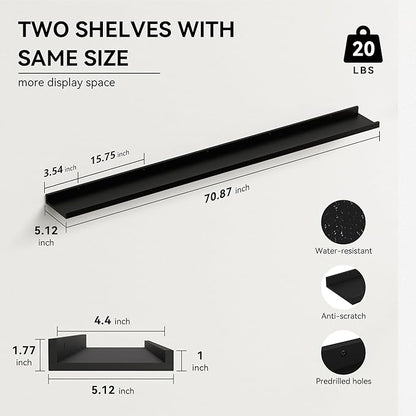 70.9 Inches Long Floating Shelves, 2 Set Modern Wall Shelf for Bedroom, Nursery Book Shelf with Lip, Picture Ledge Shelf for Wall Decor Living Room Bathroom Kitchen - Black