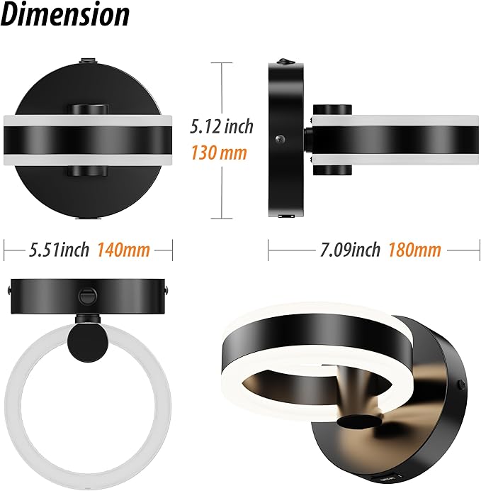 LED Wall Sconces with ON/Off Switch, Matte Black Rotatable Hardwired Wall Light Fixtures, Built in USB Charging Port, Modern Wall Decor for Bed Lighting.