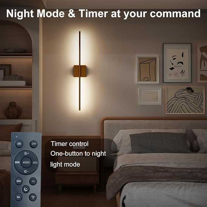 Shineled Wall Sconces Set of 2, 29'' Battery Wall Sconce with Remote Control, 350° Gold Rotatable Dimmable Wall Lamp, Wireless Wall Lights for Bedroom, Living Room