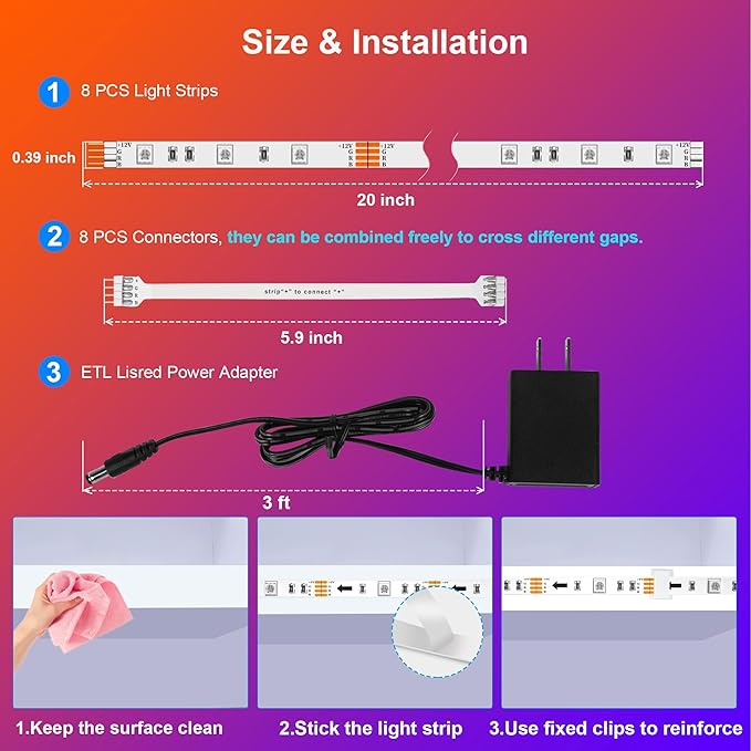maylit 8 PCS RGB Under Cabinet Lighting Kit, App and Remote Control Strip Lights, Music Sync Color Changing Led Lights with ETL Listed Power Adapter, for Cabinet, Counter, Shelf, Bookcase, 13ft