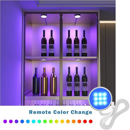 MYPLUS Under Cabinet Lighting Kit, RGB Puck Lights with Remote Control Color Changing and Bright LEDs,12V, 7.5W Plug-in Wired led Lighting kit for Cabinet, Counter, Closet, Shelf, Display Case