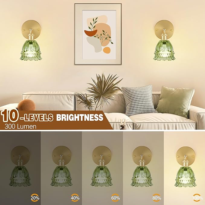 Vintage Battery Wall Sconce with Flower lampshade,Rechargeable Battery Powered Wall Lights,Wall lamp with 15 Colors for Bedroom Living Room Home Decor (Lily Green, 1 Light Battery Operated)