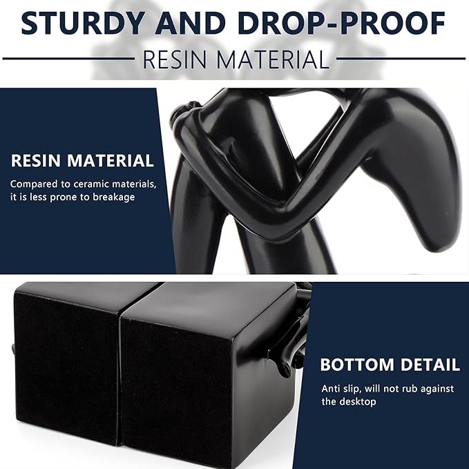 Black Book Ends Decorative, Girl Thinker Design, Modern Bookends for Shelves, Non-Skid Heavy Duty Resin Book Stopper for Books,Bookends with Base, Resin, 1Pair/2Piece