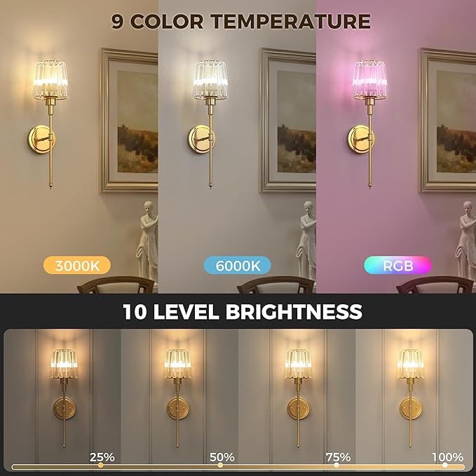DORESshop Battery Operated Wall Sconce Set of 2, Wireless Wall Light, 15 Color Rechargeable Wall Sconces, Sconce Wall Decor Set of 2 for Bedroom, Living Room, Gold and Crystal, 24.6in
