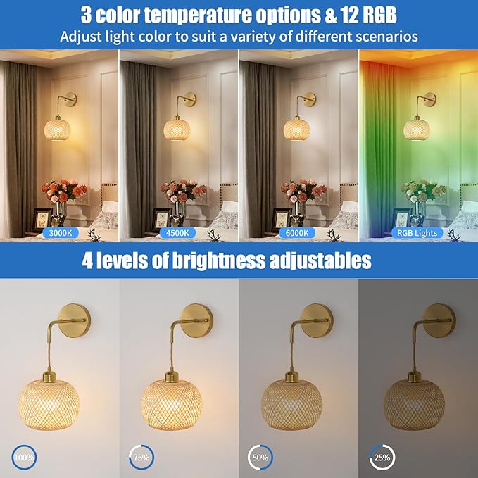 Gold Battery Operated Wall Sconces Set of 2 with Remote, Rechargeable Rattan Battery Powered Wall Lights/Lamps, Wireless Boho Lighting Fixtures for Bedroom Farmhouse, 15 Colors Dimmable,8''