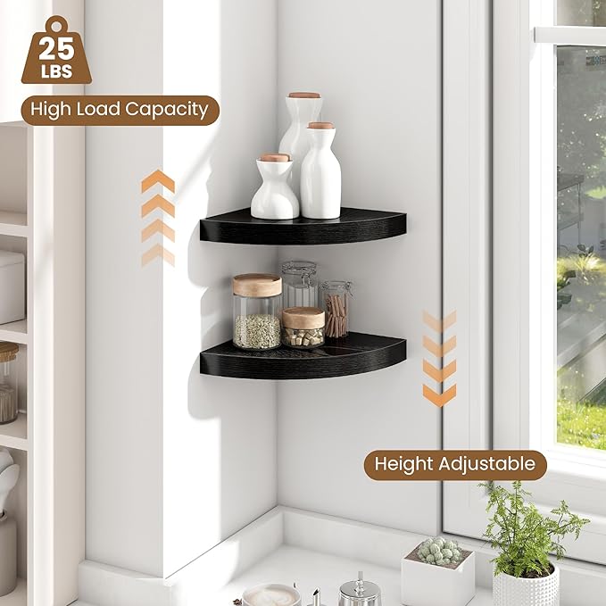 Fun Memories Floating Corner Shelves Set of 2 - Rustic Wood Wall Mounted Storage and Display Shelves for Living Room, Bedroom, Kitchen, Bathroom - Space Saving Home Decor, Black